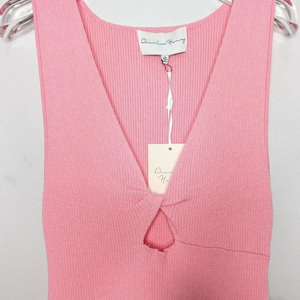 Charles Henry Pink Rib Twist Front Body-Con Minidress Sleeveless V-Neck NWT M - Picture 5 of 9